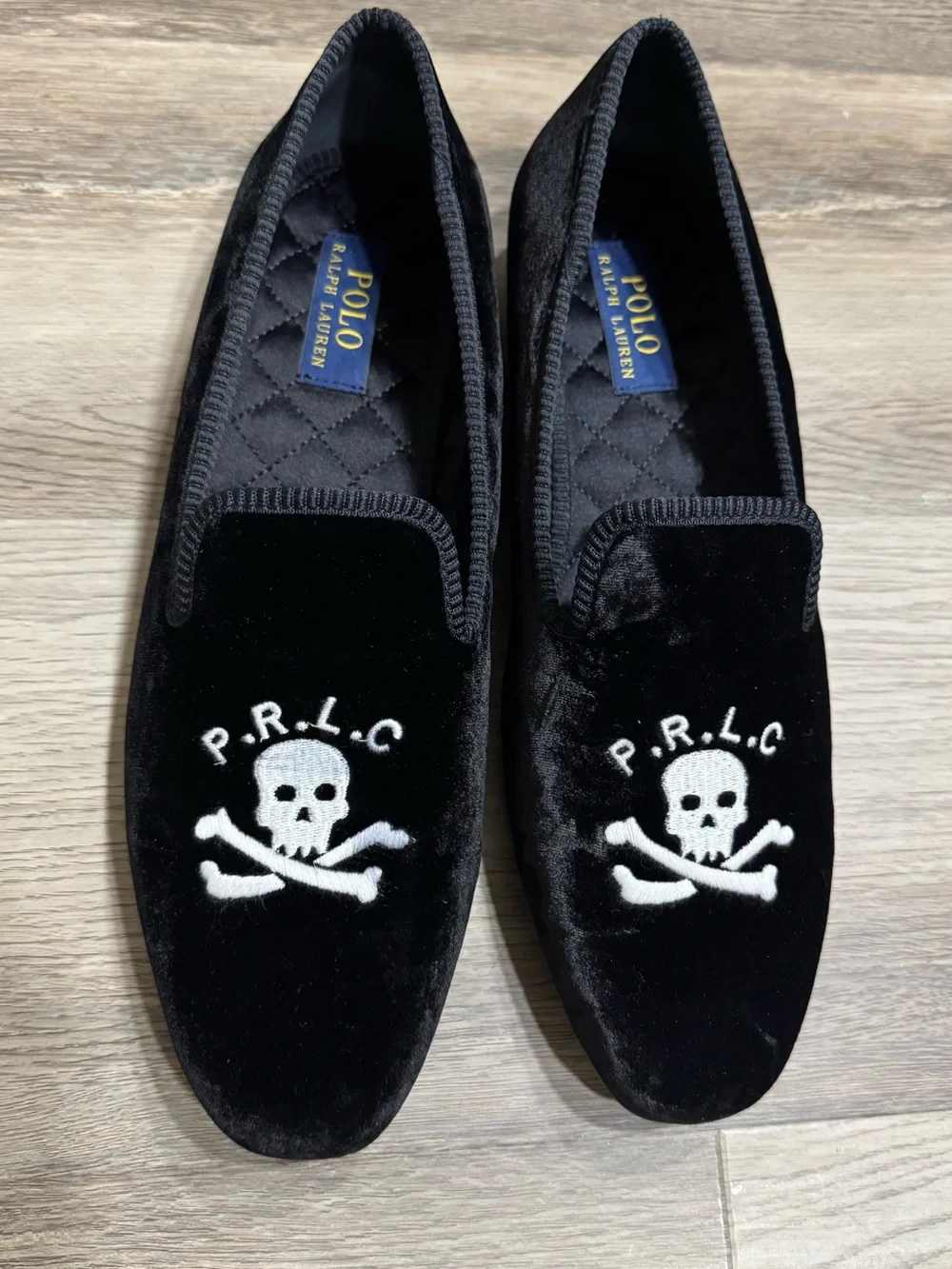 Polo by Ralph Lauren Black Velvet Slip-On Loafers with White Skull Embroidery